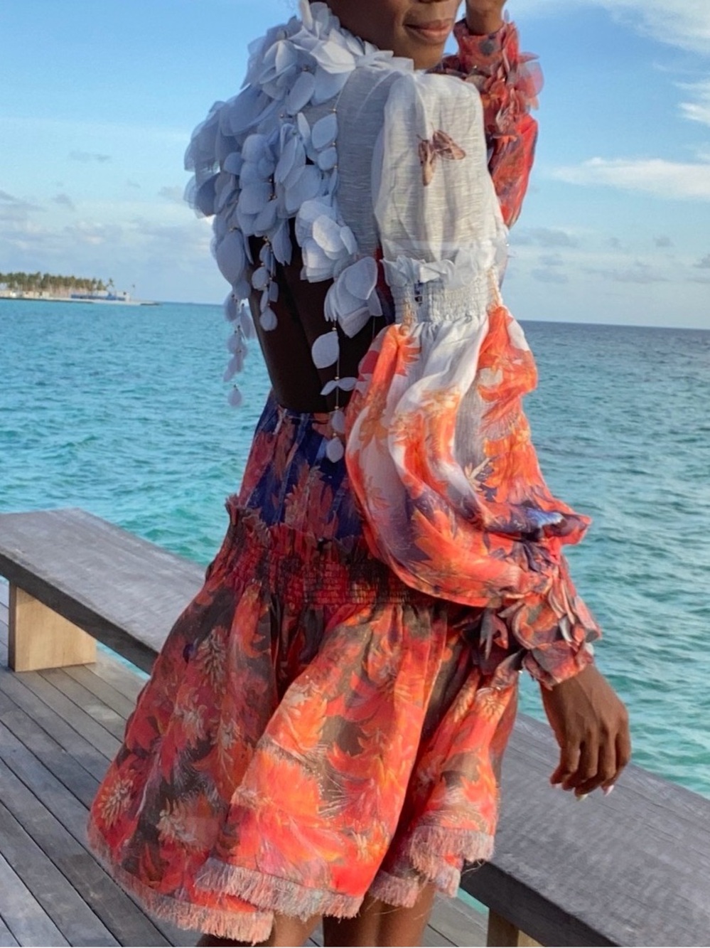 Zimmermann Coral and White Floral Puff-Sleeve Mini Dress - Picture 3 of 3